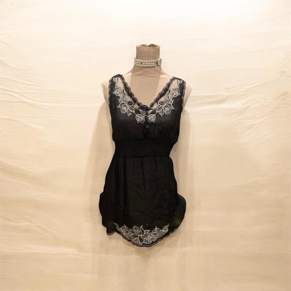 Simply Irresistible Black Sleeveless Lace-Trimmed Top with White Embroidery